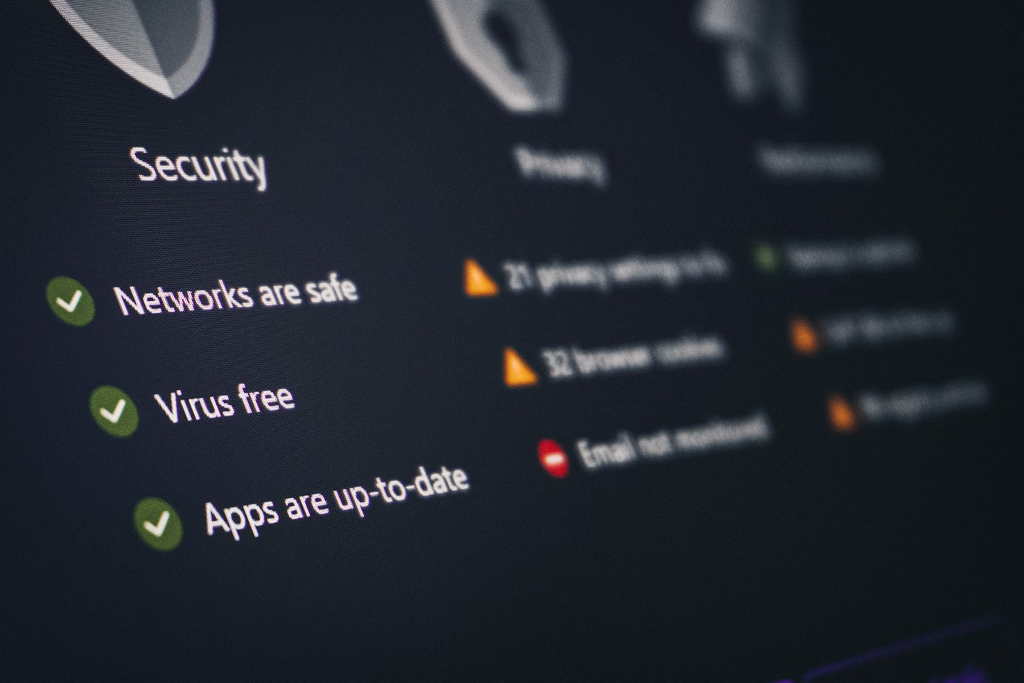 Schermata del computer che mostra una dashboard sullo stato di cybersecurity e privacy.